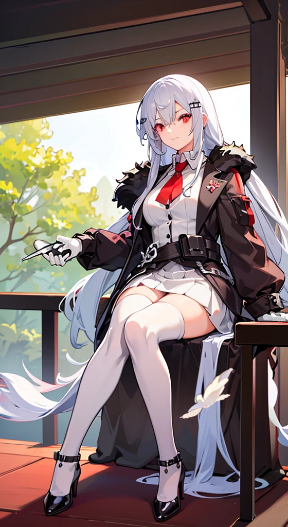 Girl with long white hair, red eyes, sitting on a guy with long black hair