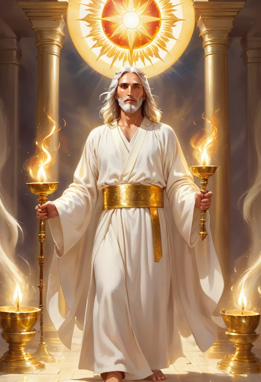 ( best quality Jesus man long white robes, fiery eyes, white hair like wool, face bright like sun, feet shiny like gleaming brass, Golden Belt, double-edged sword coming out of the mouth, seven golden candlesticks in the background, glowing body made of light, GOD)