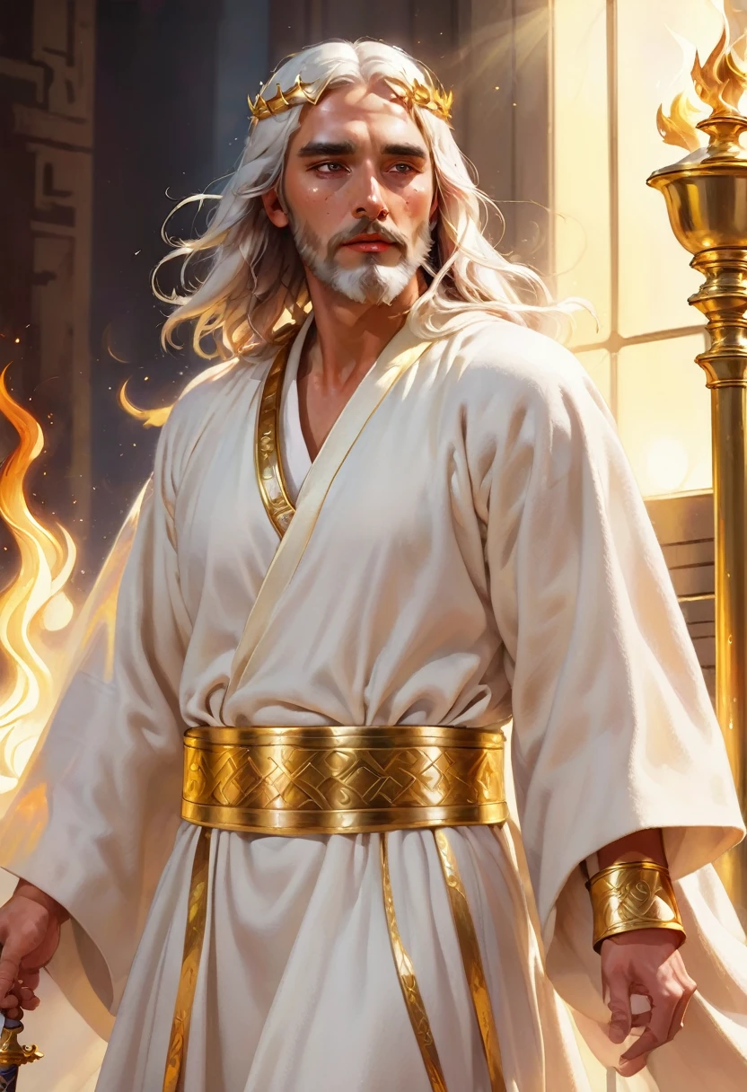 ( best quality Jesus man long white robes, fiery eyes, white hair like wool, face bright like sun, feet shiny like gleaming brass, Golden Belt, double-edged sword coming out of the mouth, seven golden candlesticks in the background, glowing body made of light, GOD)
