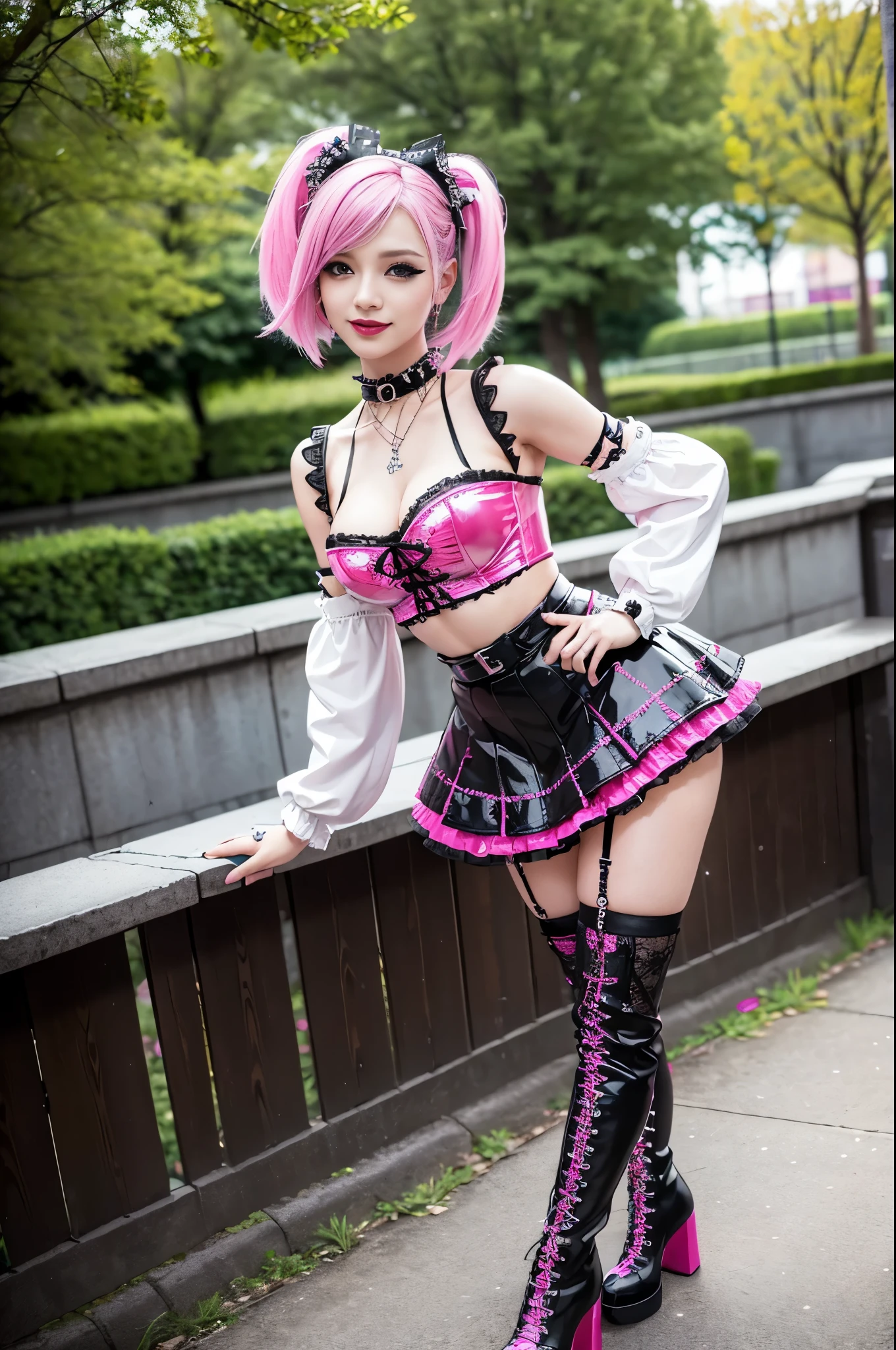 sexy stylish Swedish model, only 1 female, ((doll-like appearance)), short neon pink stylish hair, ((shiny Punk-Style boots)), (smiling face), ultra detailed eyes, Punk makeup, lipgloss, ((sexy Punk ta cosplay)), unconventional skirt, petticoats, high neckline, ((ultra detailed lace)), ((ultra detailed embroidery)), intricate details, tartan patterns, safety pins, Punk Loliccessoires, Punk Lolita cr, ((large sparkling Punk Lolita jewel, cinematic light, detailed large park background with trees