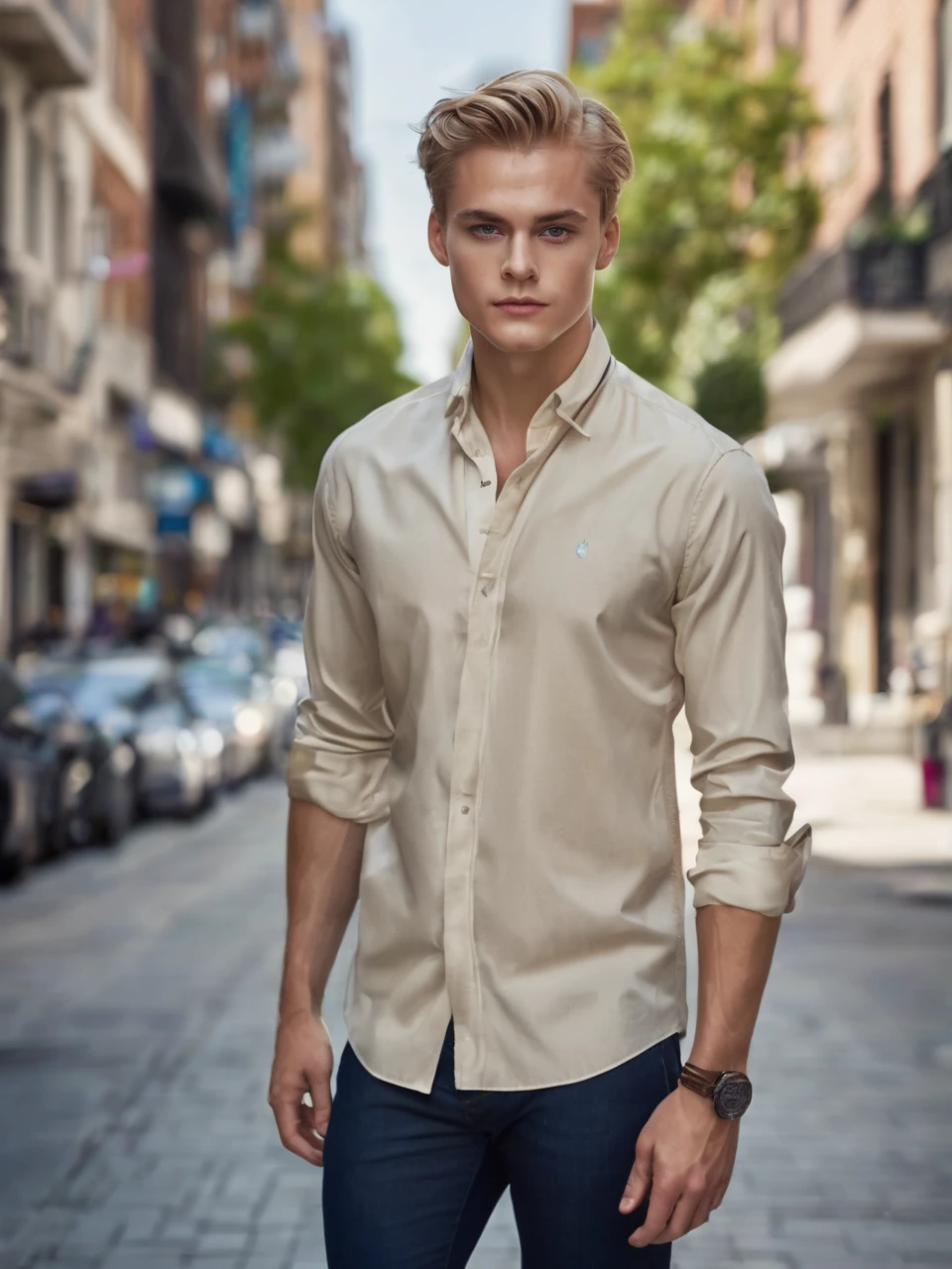 A photo of Nicholas in front of a busy city street, lost in a sea of anonymous faces.,original,Nicholas looks like actor and celebrity Tom Glynn-Carney.
Gender: Male physical attributes:
Nicholas has a well-maintained physique, Distinguished by a toned, slender build, that accentuates your graceful presence. Your skin has a slight tan, imbuing you with a healthy life, sun-kissed glow that hints at an active lifestyle. His eyes, a piercing shade of blue, attract attention with its depth and clarity.
body hair:
Nicholas sports shorts, well-combed dirty blonde hair, that not only complements your appearance, but also highlights your commitment to a polished, sophisticated look.
Clothing:
Nicholas is characterized by an understated and tasteful fashion sense. He prefers a simple round neck shirt, reflecting his appreciation for simplicity and practicality. These versatile shirts exude an air of ease and serve as a canvas for your inner complexities...
Complementing your shirt, he chooses straight-leg jeans that provide a harmonious balance between comfort and style. These jeans highlight your practicality, ensuring he is well prepared for the rigors of everyday life.
To protect against the elements, Nicholas wears a warm, elegant coat, reinforcing your dedication to a refined and polished image. The jacket not only offers protection, but also projects a touch of sophistication that aligns with her enigmatic personality..
Completing your set, Nicholas opts for semi-formal shoes. These options combine style and comfort, allowing you to seamlessly navigate between casual and more formal settings. This shoe highlights its adaptability, an attribute that resonates with your multifaceted personality.
In addition to your costume, It's important to note that Nicholas's fashion choices go beyond mere clothes.; they reflect your personality, which incorporates an attractive blend