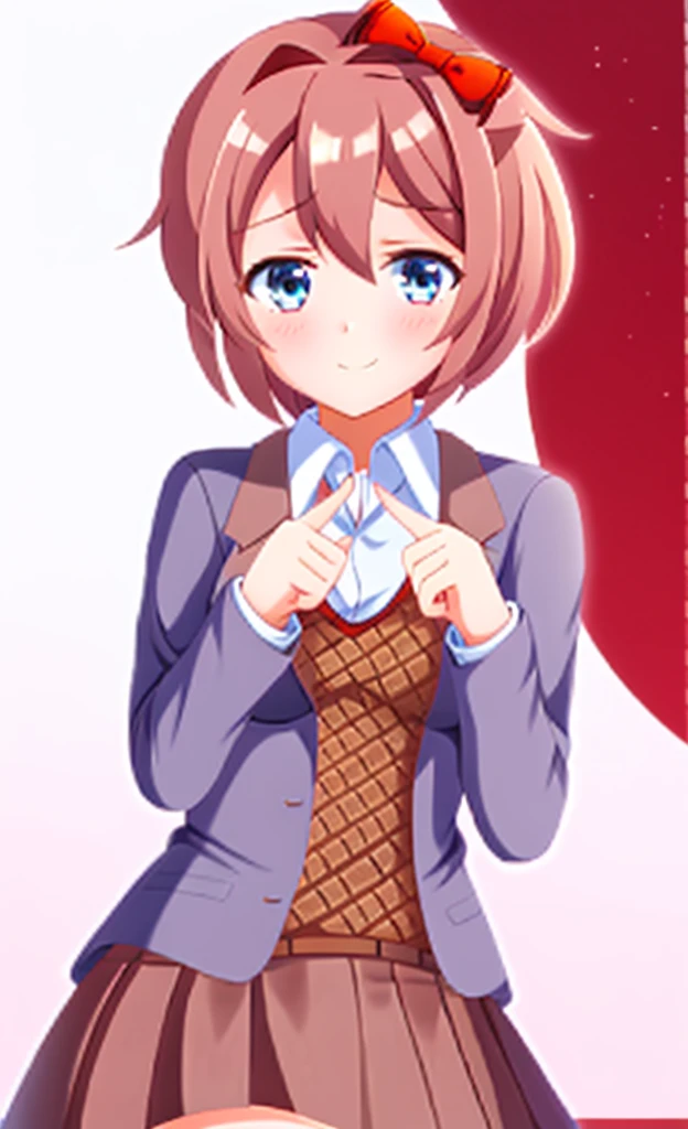 one girl, Sayori, DDLC, school blazer, hair bow, close to girl, light blue eyes, beautiful, index finders together, ashamed, blush, upward glance, dry smile, index finders, shifty eyes, short skirt, girl focus