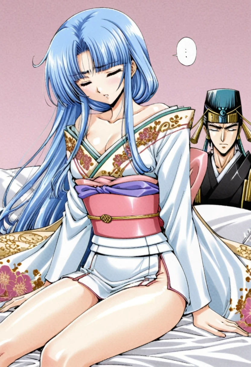 8K　Historical drama style　Beautiful Japanese princess from the Warring States period with short blue hair　Gorgeous embroidery, Ultra glossy, She is wearing a shiny Heian period princess kimono.　She moans as a huge penis is inserted into her