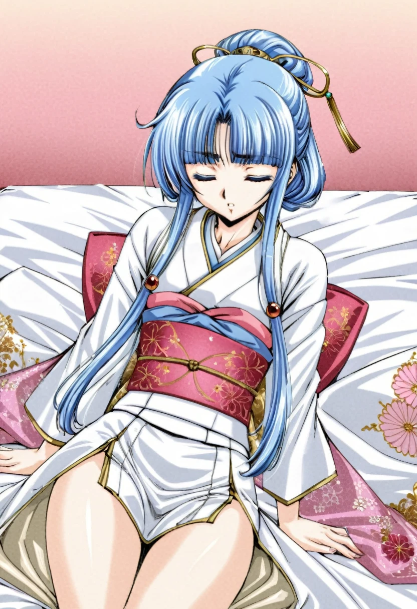 Beautiful  Japanese girl with short blue hair　Gorgeous embroidery, Ultra glossy, She is wearing a shiny silver kimono.....　She has sex in the missionary position while an old man presses his penis against her pussy in front of her lover, making her moan with pleasure.　she looks so distressed