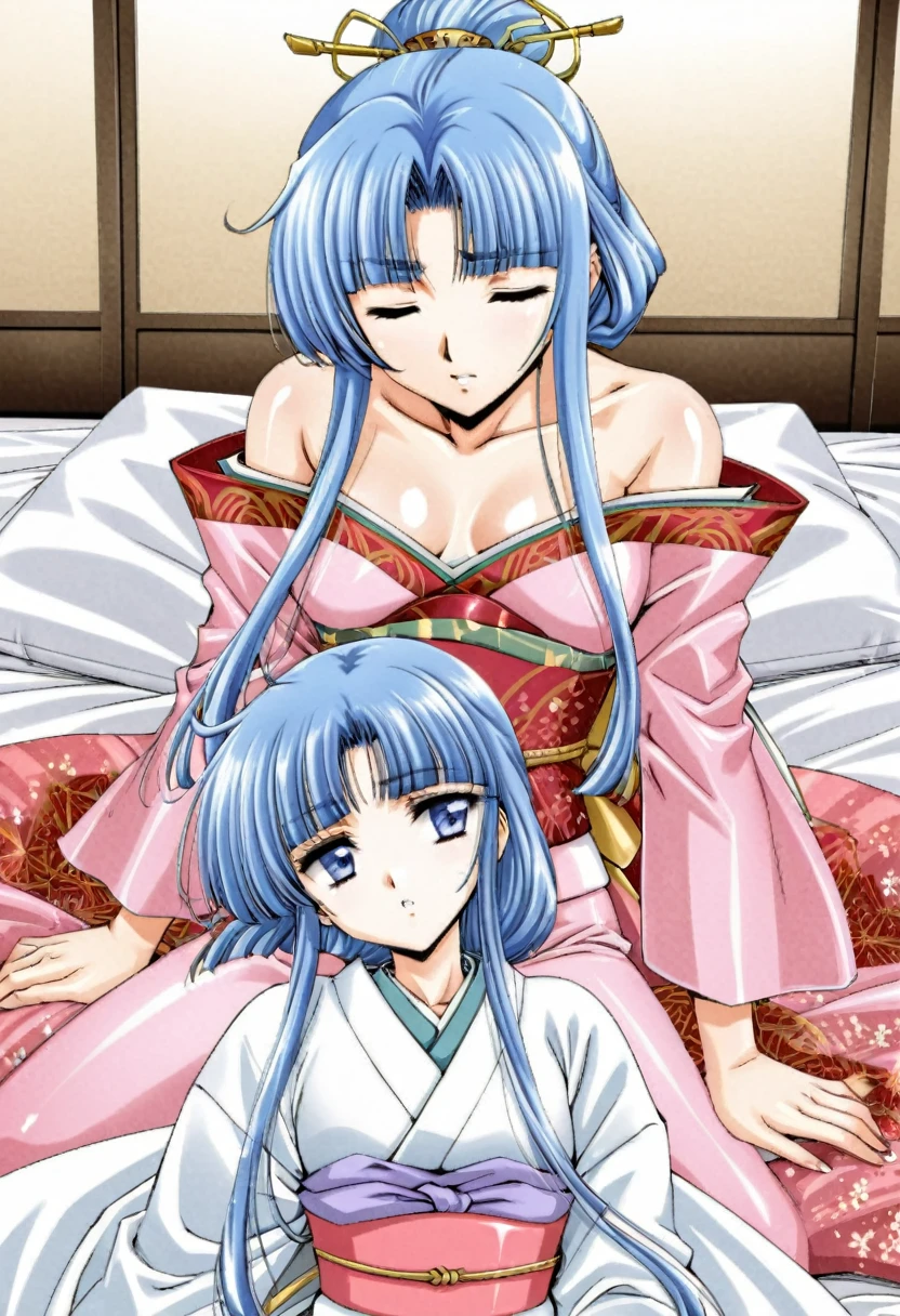 8K　Historical drama style　A beautiful 13-year-old Japanese princess from the Warring States period with short blue hair　Gorgeous embroidery, Ultra glossy, She is wearing a shiny Heian period princess kimono.　She closes her eyes and defecates on the futon.