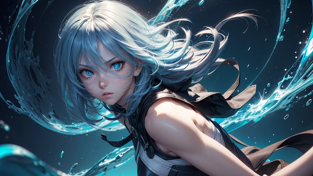 Create an anime-style image featuring a close-up of a character's face with a fantastical background. Focus on a glowing blue eye with detailed and vibrant colors. The hair should be white and dynamically moving, as if influenced by wind or water. Use lighting and light refractions to add attractive and realistic visual effects. Highlight the details in the eye and hair to give a sense of motion and depth, while maintaining a blend of fantastical and realistic elements