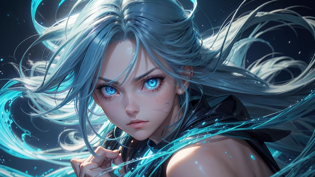 Create an anime-style image featuring a close-up of a character's face with a fantastical background. Focus on a glowing blue eye with detailed and vibrant colors. The hair should be white and dynamically moving, as if influenced by wind or water. Use lighting and light refractions to add attractive and realistic visual effects. Highlight the details in the eye and hair to give a sense of motion and depth, while maintaining a blend of fantastical and realistic elements