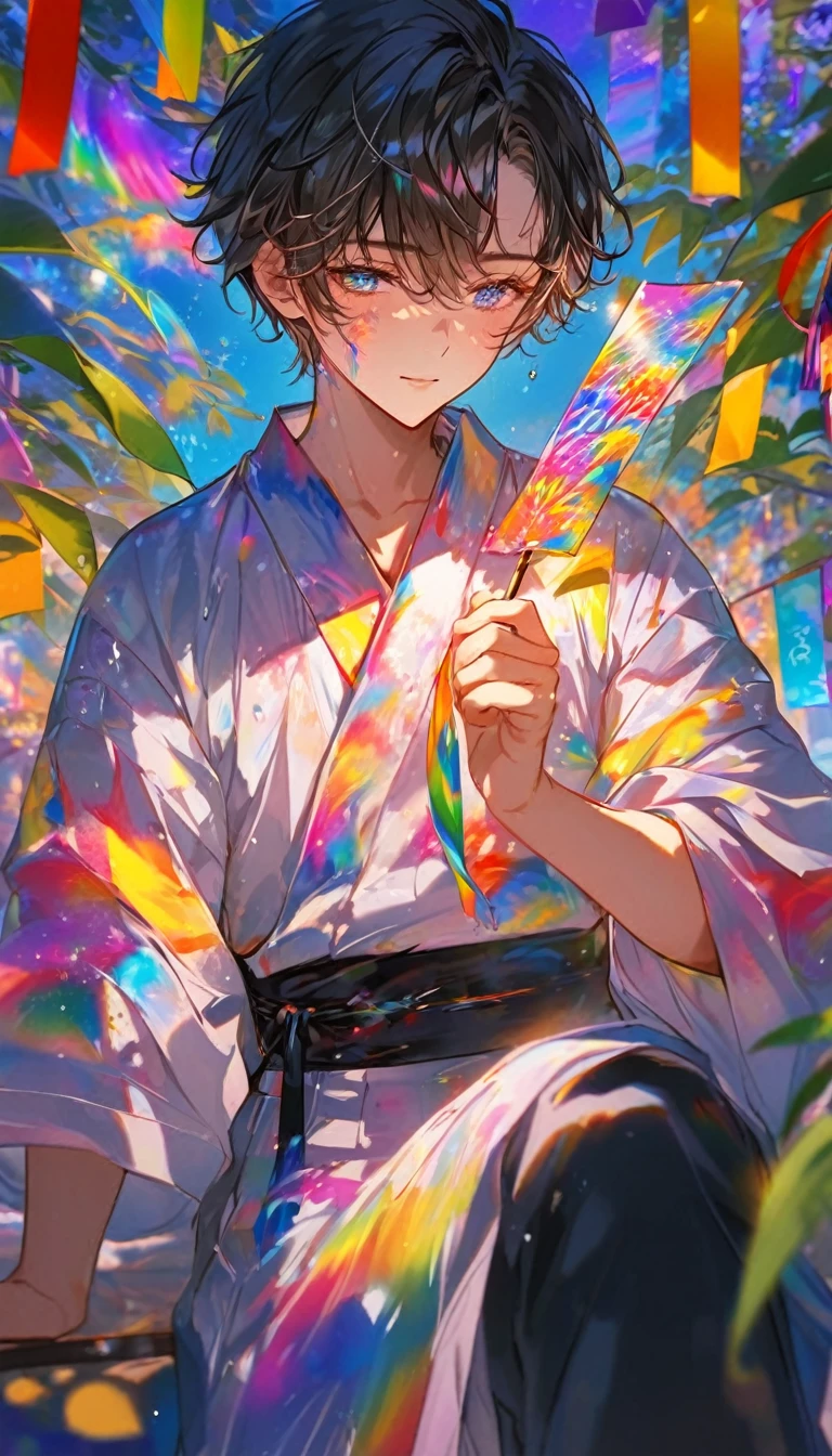 Tanabata、Strip、Bamboo leaf、Stripに願いをこめて、Stripを持っている、Grilling in a yukata,fluid,Particles of light, dream-like,Sparkling,dream-like glow,Paint drips,oil,strong stroke,Paint drips,Splash Paint Drop, oil,(Abstract:1.2)A boy made up of(Tanabataライトトレース:1.25),Change to (Radioluminescence light tracking) スタイルTanabata,(Cowboy Shot,Above Knee Portrait:1.25),Temple Fair,Summer festival,Shining in rainbow colors、16K, Ultra-high resolution, to be born,wonderful ,future、Iridescent、The world 30 years from now。
