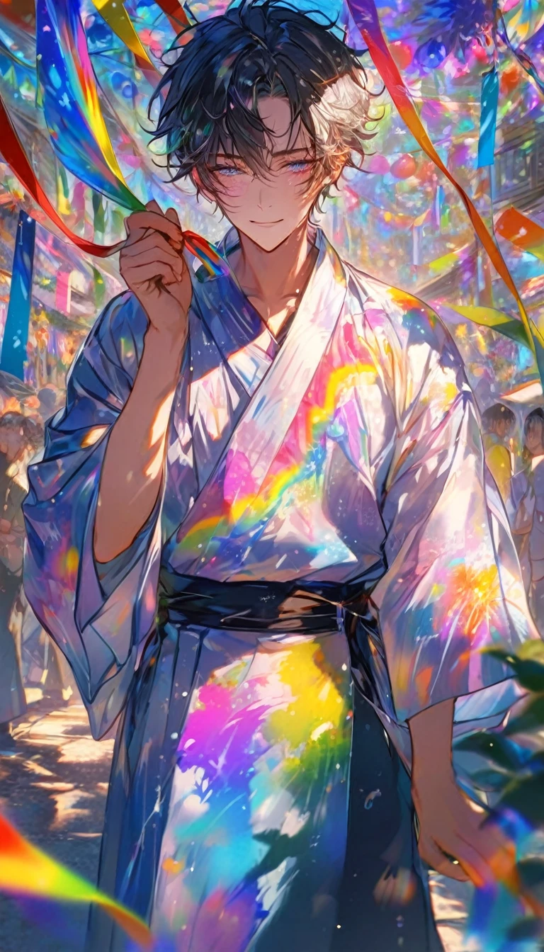 Tanabata、Strip、Bamboo leaf、Stripに願いをこめて、Stripを持っている、Grilling in a yukata,fluid,Particles of light, dream-like,Sparkling,dream-like glow,Paint drips,oil,strong stroke,Paint drips,Splash Paint Drop, oil,(Abstract:1.2)A boy made up of(Tanabataライトトレース:1.25),Change to (Radioluminescence light tracking) スタイルTanabata,(Cowboy Shot,Above Knee Portrait:1.25),Temple Fair,Summer festival,Shining in rainbow colors、16K, Ultra-high resolution, to be born,wonderful ,future、Iridescent、The world 30 years from now。