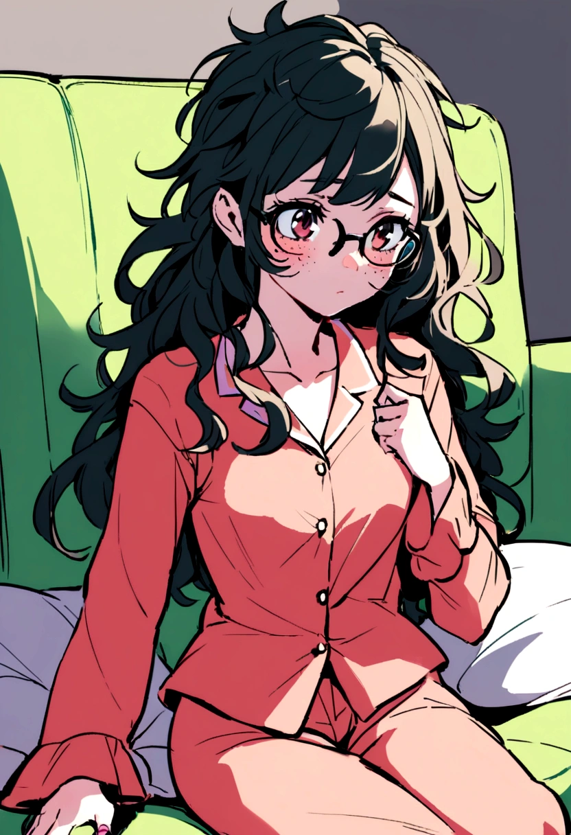 (score_9, score_8_up), score_7_up, score_6_up, score_5_up, score_4_up, 1girl, black hair, brown skin, hair ornament, hairclip, black eyes, curly hair, beige cardigan, cardigan, white shirt, red tie, glasses, lying on bed, on stomach, elbow rest, hands on chin, looking away, expressionless, white socks, black footwear, legs up, cheeks, pout, indoors, bedroom, close-up xaxaxa