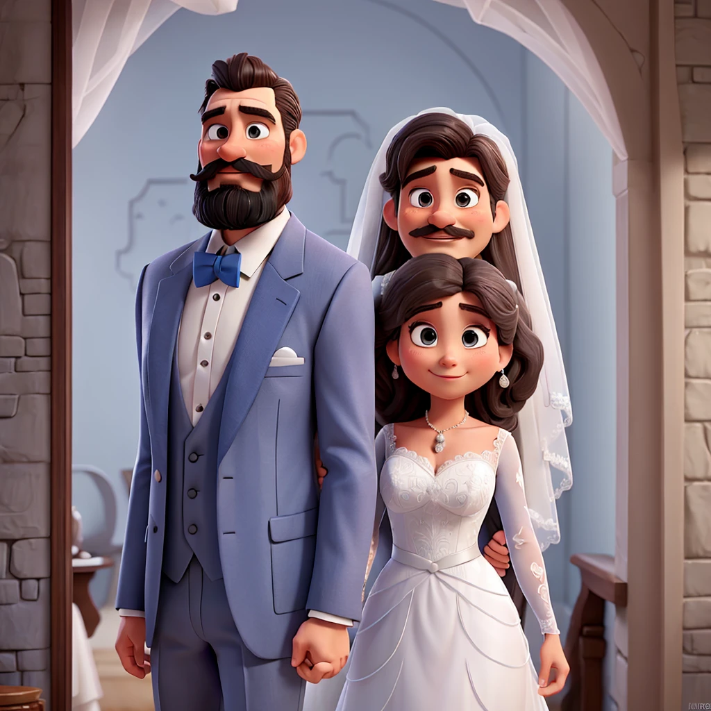 Man in a grayish blue suit with beard and mustache and woman in a white wedding dress, in love, Disney Pixar |
