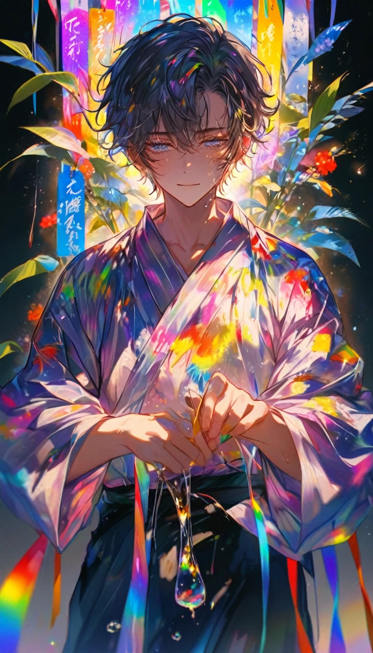 Tanabata、Strip、Bamboo leaf、Stripに願いをこめて、Stripを持っている、Grilling in a yukata,fluid,Particles of light, dream-like,Sparkling,dream-like glow,Paint drips,oil,strong stroke,Paint drips,Splash Paint Drop, oil,(Abstract:1.2)A boy made up of(Tanabataライトトレース:1.25),Change to (Radioluminescence light tracking) スタイルTanabata,(Cowboy Shot,Above Knee Portrait:1.25),Temple Fair,Summer festival,Shining in rainbow colors、16K, Ultra-high resolution, to be born,wonderful ,future、Iridescent、The world 30 years from now。