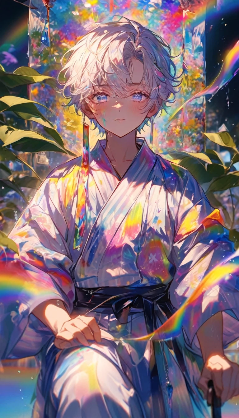 Tanabata、Strip、Bamboo leaf、Stripに願いをこめて、Stripを持っている、Grilling in a yukata,fluid,Particles of light, dream-like,Sparkling,dream-like glow,Paint drips,oil,strong stroke,Paint drips,Splash Paint Drop, oil,(Abstract:1.2)A boy made up of(Tanabataライトトレース:1.25),Change to (Radioluminescence light tracking) スタイルTanabata,(Cowboy Shot,Above Knee Portrait:1.25),Temple Fair,Summer festival,Shining in rainbow colors、16K, Ultra-high resolution, to be born,wonderful ,future、Iridescent、The world 30 years from now。