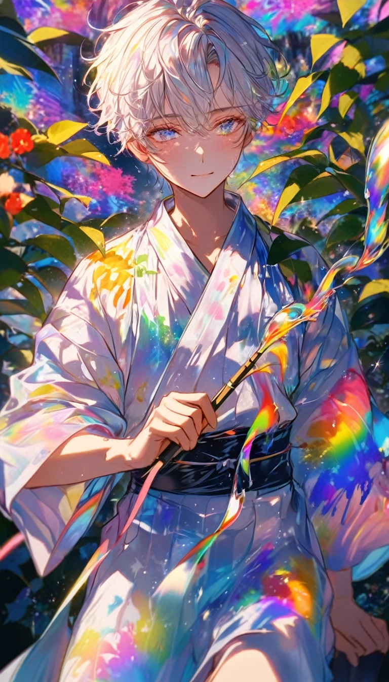 Tanabata、Strip、Bamboo leaf、Stripに願いをこめて、Stripを持っている、Grilling in a yukata,fluid,Particles of light, dream-like,Sparkling,dream-like glow,Paint drips,oil,strong stroke,Paint drips,Splash Paint Drop, oil,(Abstract:1.2)A boy made up of(Tanabataライトトレース:1.25),Change to (Radioluminescence light tracking) スタイルTanabata,(Cowboy Shot,Above Knee Portrait:1.25),Temple Fair,Summer festival,Shining in rainbow colors、16K, Ultra-high resolution, to be born,wonderful ,future、Iridescent、The world 30 years from now。