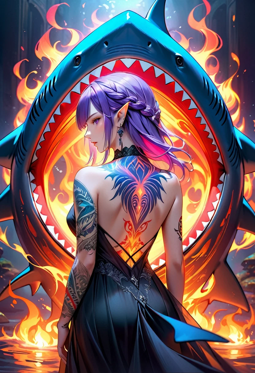  a picture of a an elf with  a ((tattoo of a shark: 1.5)) on her back, Dark fantasy art, fantasy art, goth art,, a glowing tattoo of a ((shark: 1.3)) on the back of the elf, the ((shark tattoo)) is vivid, intricate detailed coming to life from the ink to real life, GlowingRunesAI_purple, ((fire surrounds the shark: 1.5)), shoot taken from the back, ((the back is visible: 1.3), she wears a transparent black dress, the dress is elegant, flowing, elven style, that the tattoos glow, dynamic hair color, dynamic hair style, faize,, Digital Painting