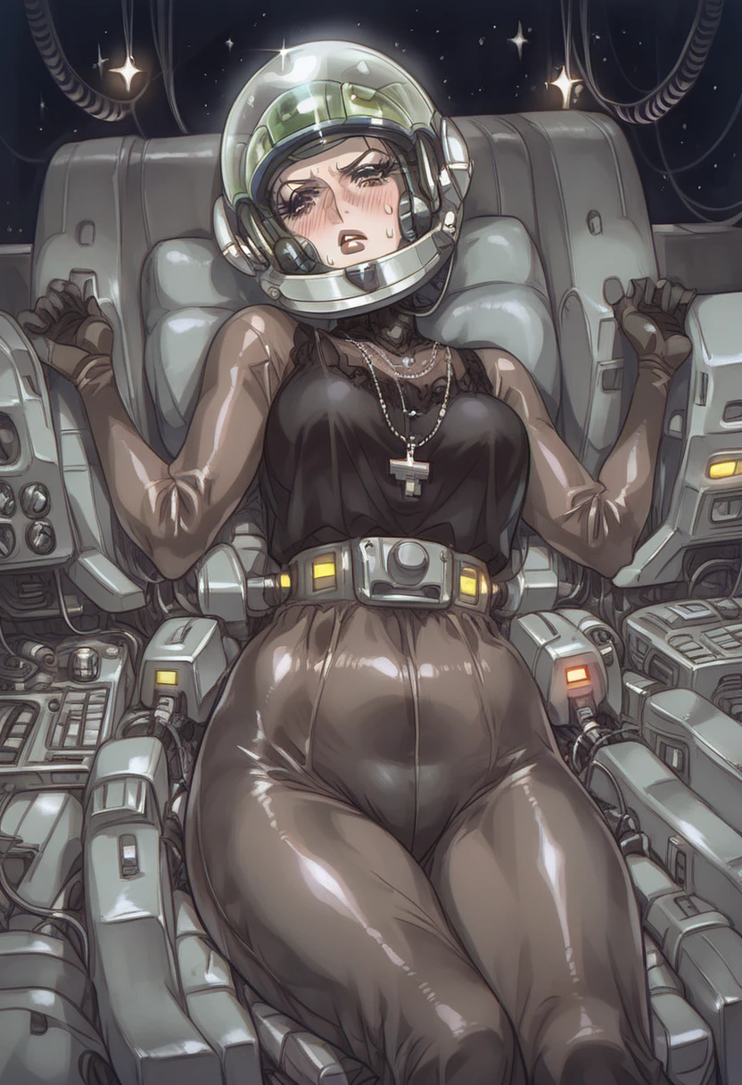 score_9, score_8_up, score_7_up, ((gothic vampire piloting in gothic spacecraft)), vintage anime, ((from below)), ((120 fov)), ((((gothic)) control panels)), ((mature)), (((gothic))), iridescent bodysuit, ((lace accessories)), ((pilot seat)), ((((lying back)) pose)), ((elegant)), (((serious tone))), futuristic, ((cockpit top control panel)), intricate control panel details, 1990s (style), [blushing], sweat, ((claustrophobic)), sparkles, screens, (pilot helmet), ((hands on controls)), ((cockpit lights))