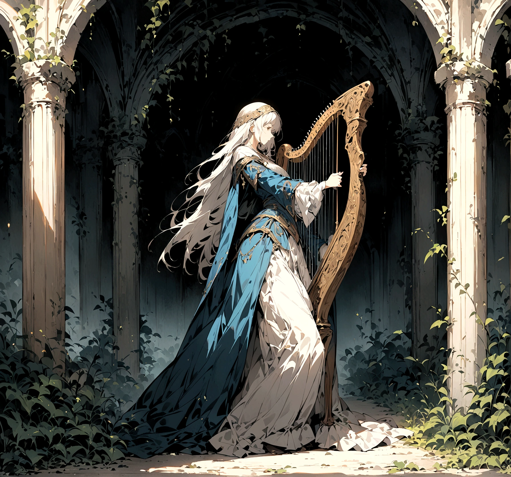 (HD), (masterpiece), (best quality), (Super detailed), (Best illustration), woman, Instrument 2Harp, whole body, middle Ages, Alone。