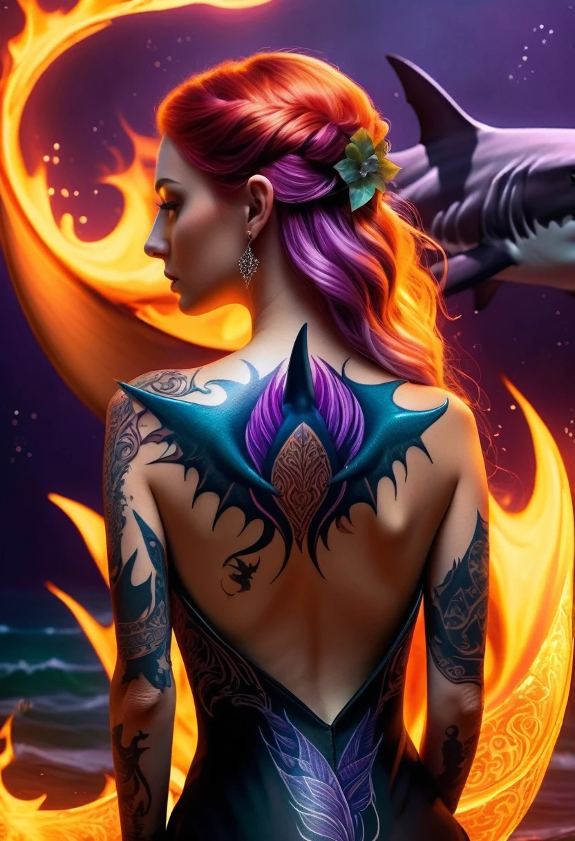 a picture of a an elf with a ((tattoo of a shark: 1.5)) on her back, Dark fantasy art, fantasy art, goth art,, a glowing tattoo of a ((shark: 1.3)) on the back of the elf, the ((shark tattoo)) is vivid, intricate detailed coming to life from the ink to real life, GlowingRunesAI_purple, ((fire surrounds the shark: 1.5)), shoot taken from the back, ((the back is visible: 1.3), she wears a transparent black dress, the dress is elegant, flowing, elven style, that the tattoos glow, dynamic hair color, dynamic hair style, faize,, Digital Painting