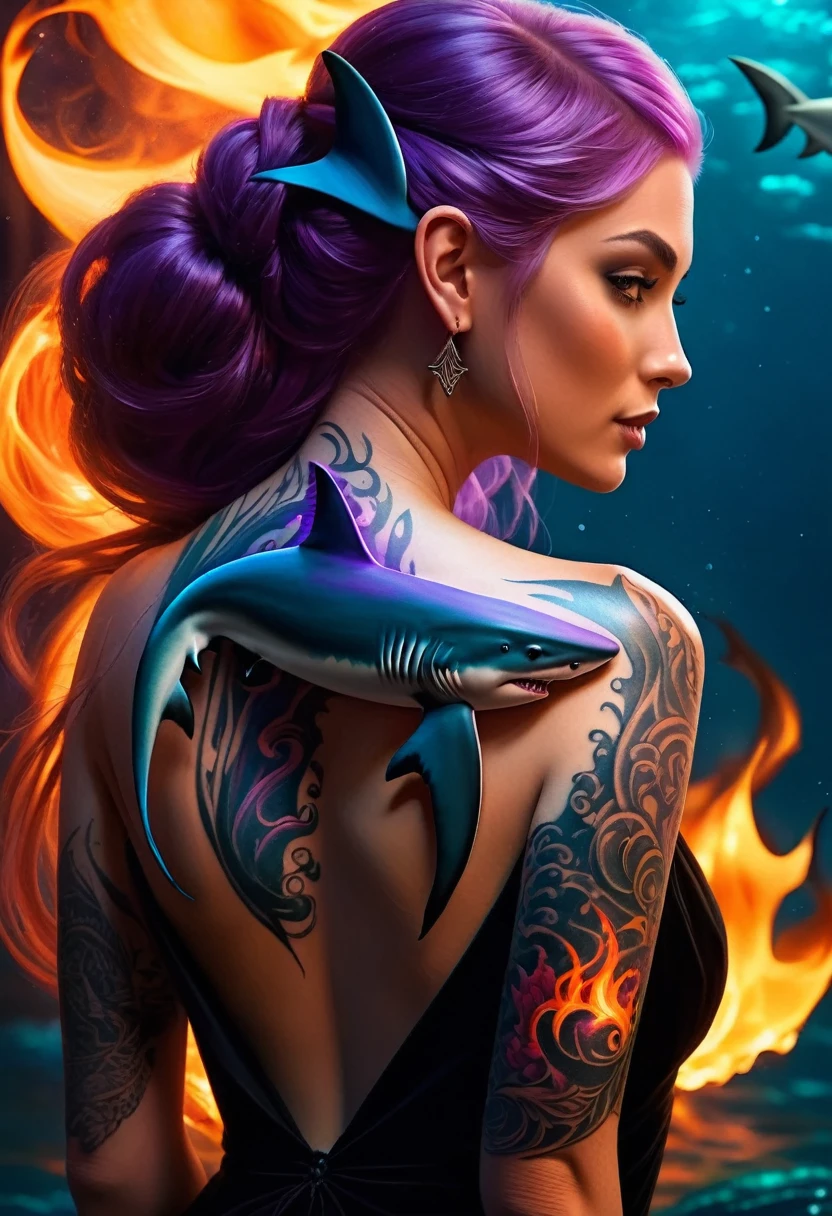 Arafed, a picture of a ((shark tattoo: 1.5)) on the back of a female elf, of  glowing tattoo of a ((blue shark: 1.3)) the shark tattoo is vivid, intricate detailed coming to life rising from the ink to real life, ,  AlchemyPunkAI, shoot taken from the back, ((the back is visible: 1.3), she wears a transparent dress that the tattoos glow,