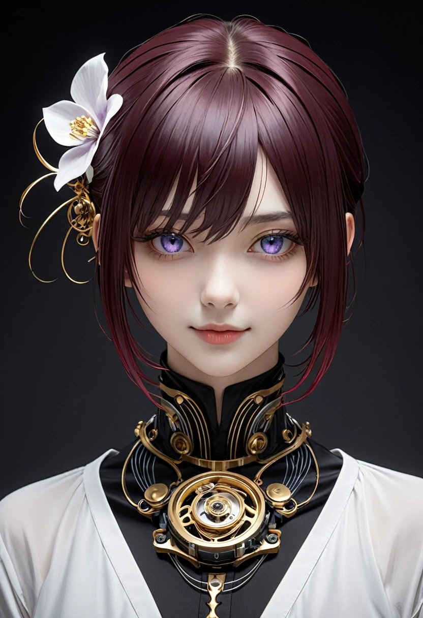 Personnage Hybride Humain - Cyborg : Un personnage hybride avec des caractéristiques humaines et cyborgs comme les membres de son corps et humaines comme son visage inspiré par l'élégance d'une déesse, divinité, les images précédentes aux cheveux violets. Ils ont des yeux parfaitement dessinés, des cheveux avec des rayonnements légers de blanc ou dorés, et un sourire expressif, détaillée avec des lignes parfaites; Le fond est sombre, mettant en valeur les détails du personnage. Chef d'oeuvre; haute qualité, 4K, fille éblouissante, habillée très vintage en noir, blanc, gris et doré; aux yeux parfaits et égaux, des cheveux avec des rayonnements légers de blanc, cheveux dorés et bordeaux; le thème des motifs tourbillonnants en noir et blanc émanant de ses cheveux et ses épaules reste!, conserver l'esthétique à contraste élevé avec un fond sombre, continuité en le design. Le background est toujours noir ou sombre mettre en valeur le personnage qui regarde le spectateur, au regarde doux et tendre.