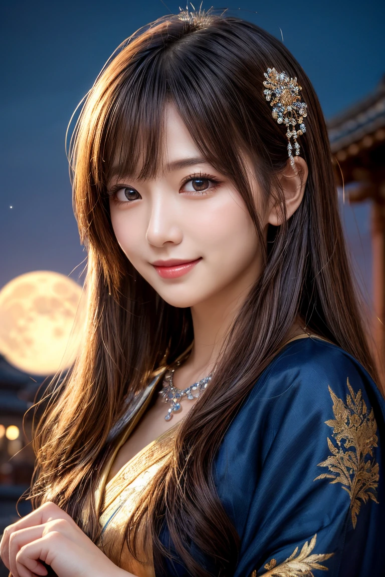 ((masterpiece)), ((best quality)), (ultra-detailed), ((kawaii)), cute, (lovely), ((extremely detailed)), 4K, (8K), best quality, (beautiful), illustration, body shot, ((big moon in the background)), mystical ancient temple, night, a cute girl, 1girl, solo, Japanese, many decorations ethnic costume, beautiful light brown hair, beautiful blue eyes, ((beautiful eyes)), long hair, hair ornaments, necklace, light smile, blush, sparkling effect