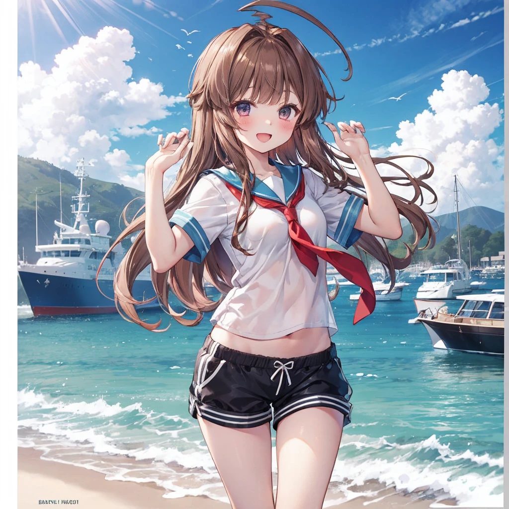 1young_teen_ girl, brown_hair, long_hair, sailor_uniform, baggy_shorts, short_sleeve, thighs, small_breasts, big_smile, open_mouth, standing, harbor_background, slightly_spread_legs, happiness, covered_crotch,ahoge,XD,exciting,