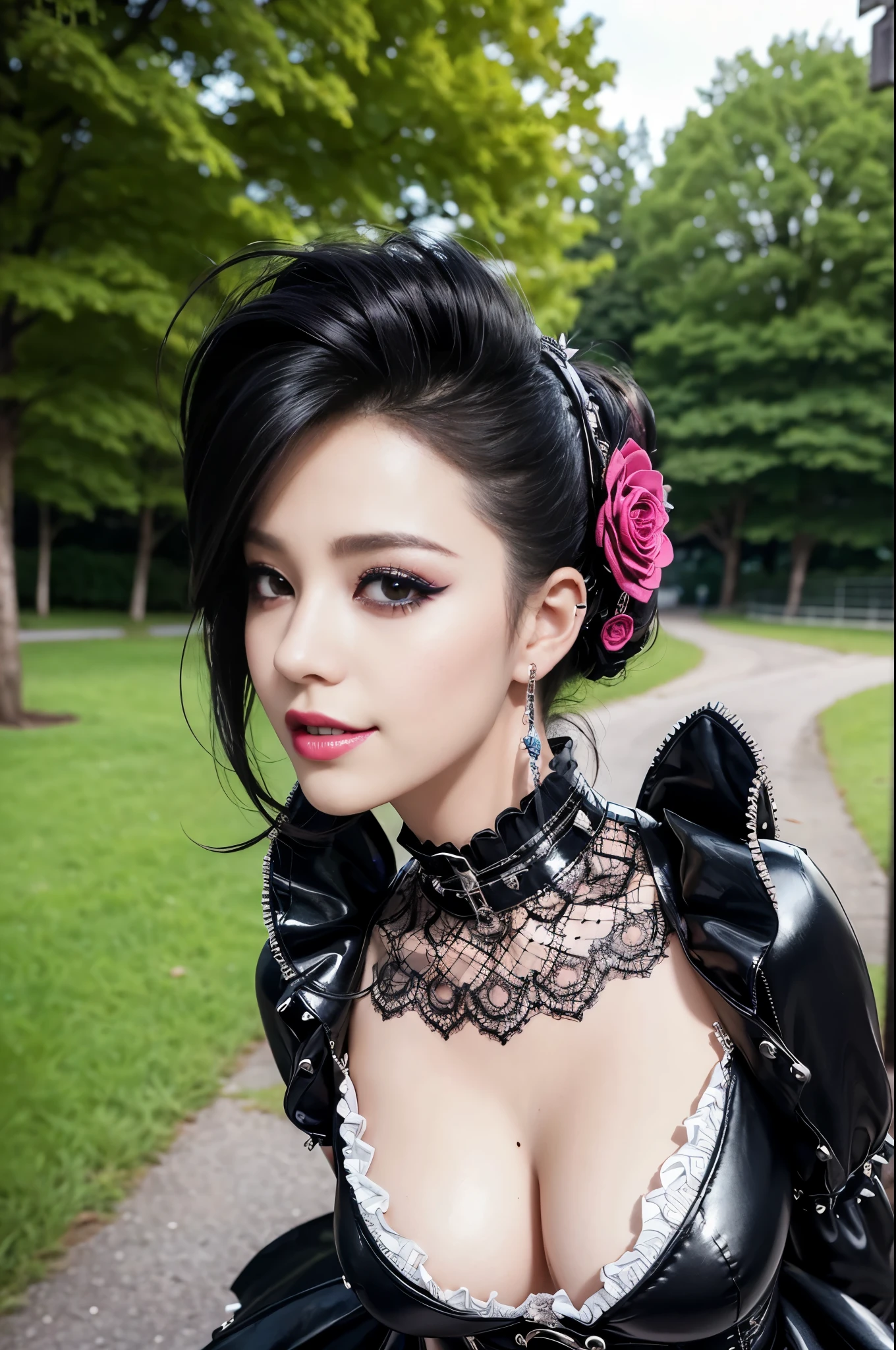 y stylish female model, only 1 female, ((doll-like appearance)), long dramatic stylish hair, ((shiny Punk-Style boots)), (smiling face), ultra detailed eyes, Punk makeup, lipgloss, ((sexunk Lolitaay)), unconventional skirt, petticoats, high neckline, ((ultra detailed lace)), ((ultra detailed embroidery)), intricate details, tartan patterns, safety pins, Punk Lolita acces, Punk Lolita choker, ((lparkling Punk Lolita jewelry)), cinemaght, detailed large park background with trees