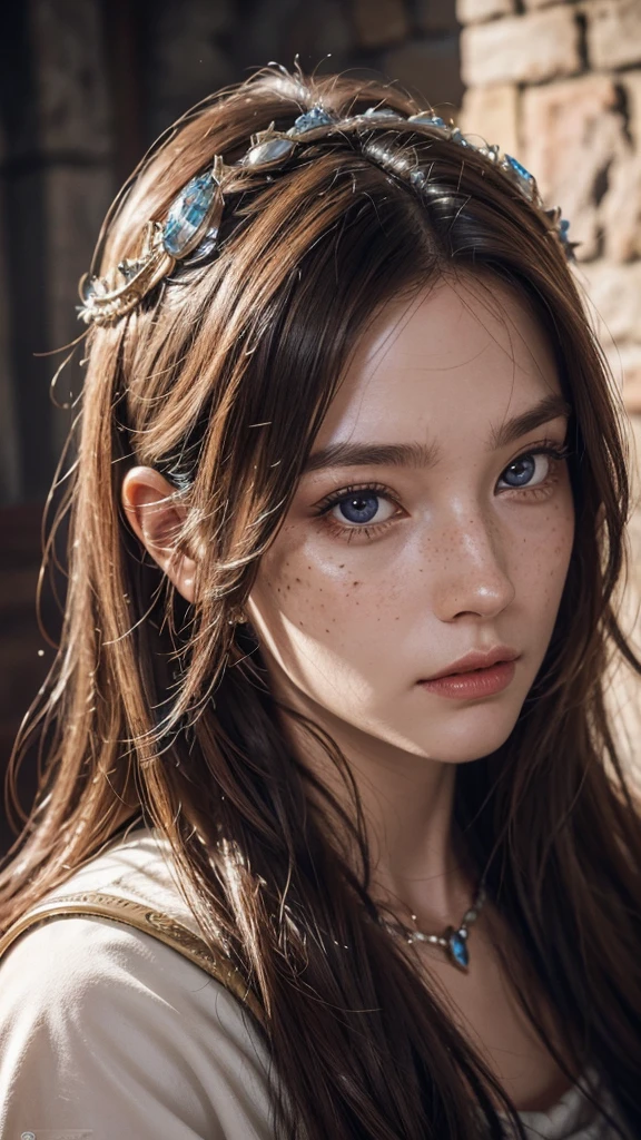 hyperrealistic glamour portrait of an Queen Viking in Castle ,surrounded by elemental magic, arcane, freckles, skin pores, pores, velus hair, macro, extreme details, looking at viewer,