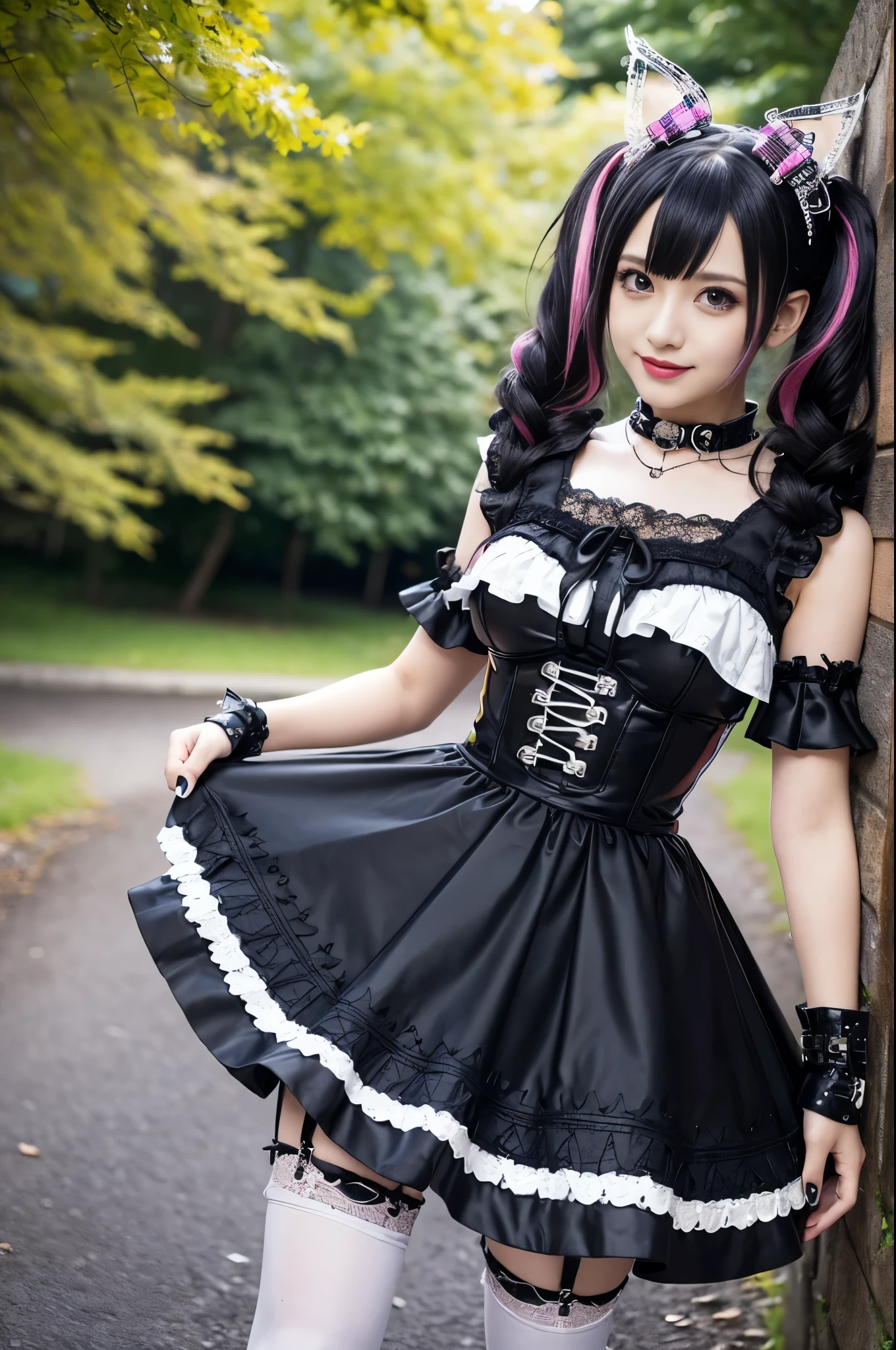 sexy stylish female model, only 1 female, ((doll-like appearance)), long dramatic stylish hair, ((shiny Punk-Style boots)), (big smile), ultra detailed eyes, Punk makeup, lipgloss, ((sexy Punk ta cosplay)), unconventional skirt, petticoats, high neckline, ((ultra detailed lace)), ((ultra detailed embroidery)), intricate details, tartan patterns, safety pins, Punk Loliccessoires, Punk Lolita cr, ((large sparkling Punk Lolita jewel, cinematic light, detailed large park background with trees