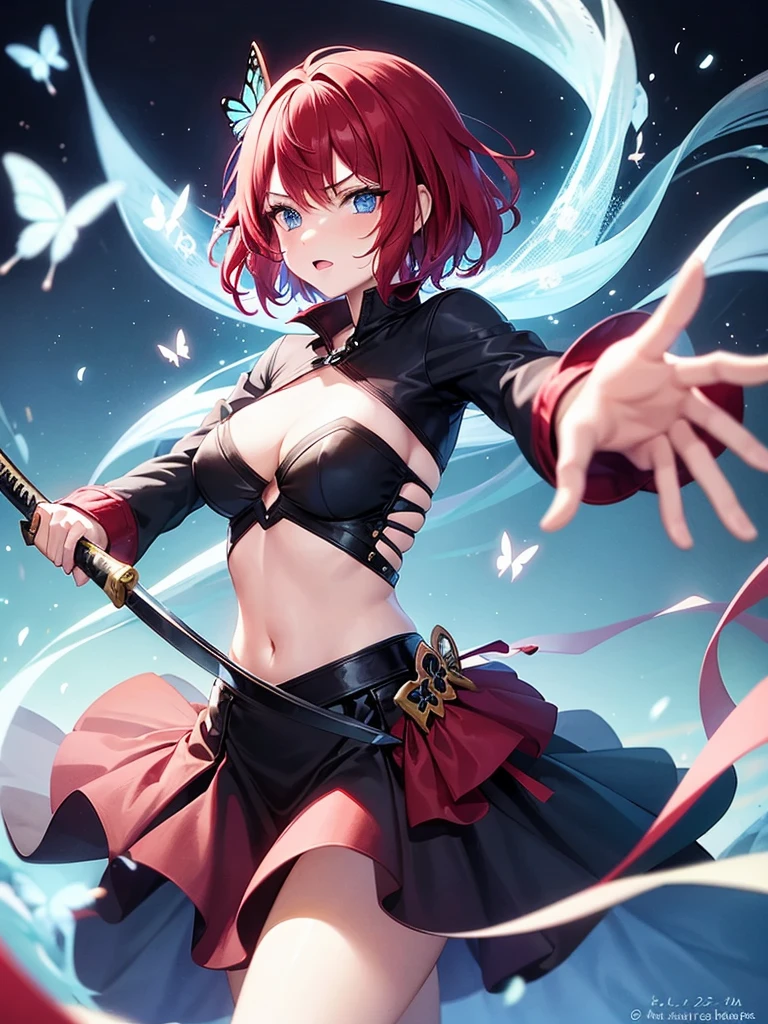 22 year old girl, short scarlet hair, decoration butterflies in hair, blue eyes, using two hands a katana that emanates dark energy.
