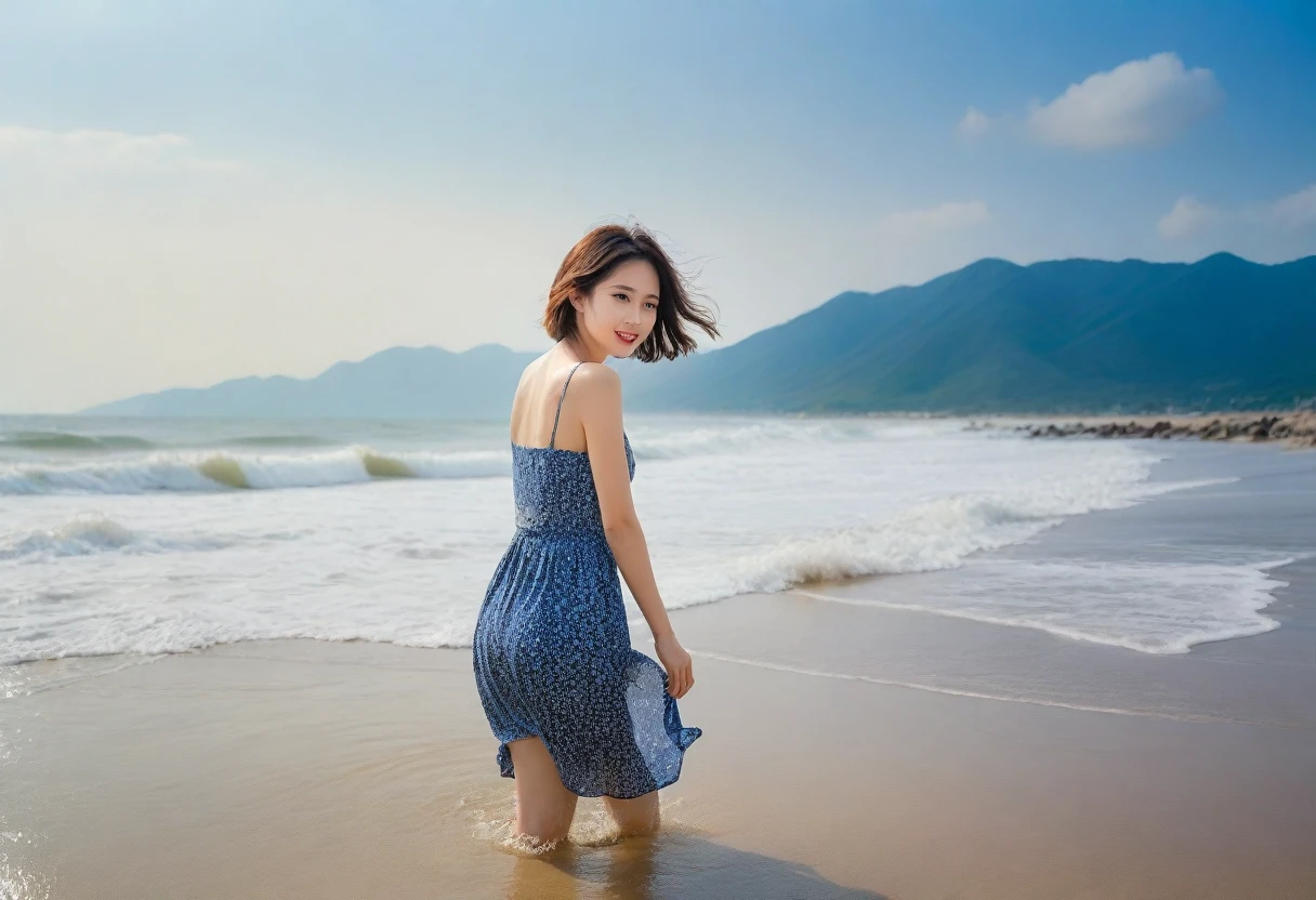 Beautiful Korean Woman, short and slim. Chest size 34 inches, Wear sleeveless, light skirts, Looking at the sea from the beach at sunset. beautiful pretty woman look , wearing a light skirt , Go far into the sea water and soak your feet, wet, dark blue sky, bright sun light at midday, Short medium hair blowing in the wind, 1 woman, beautiful eyes, A slight smile, Beach with waves in Danang, Vietnam, palm trees visible, Taken from afar with a wide angle lens, best high definition, perfect seascape,