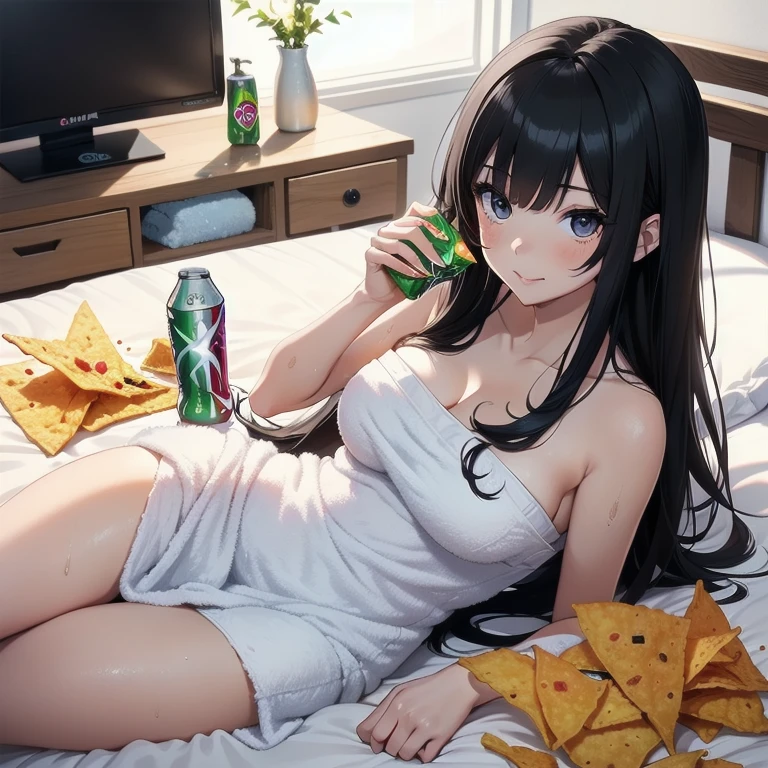 1girl, anime, black eyes, long black hair with square bangs, very long black hair, super long black hair, adult, hourglass figure, nerdy, ((((bed)))), (happy), (((bath towel))), playful, ((mountain dew energy drink soda + nacho dorito chips)), ((gamer girl))