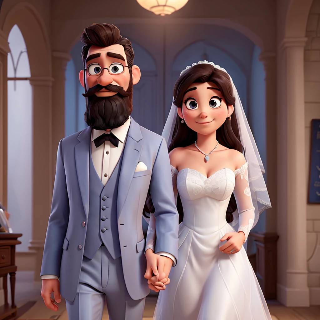 Man in a grayish blue suit with beard and mustache and woman in a white wedding dress, in love, Disney Pixar |
