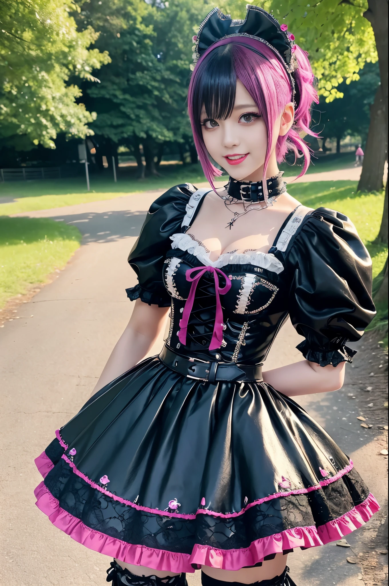 sexy stylish female model, only 1 female, ((doll-like appearance)), long dramatic stylish hair, ((shiny Punk-Style boots)), (big smile), ultra detailed eyes, Punk makeup, lipgloss, ((sexy Punk ta cosplay)), unconventional skirt, petticoats, high neckline, ((ultra detailed lace)), ((ultra detailed embroidery)), intricate details, tartan patterns, safety pins, Punk Loliccessoires, Punk Lolita cr, ((large sparkling Punk Lolita jewel, cinematic light, detailed large park background with trees