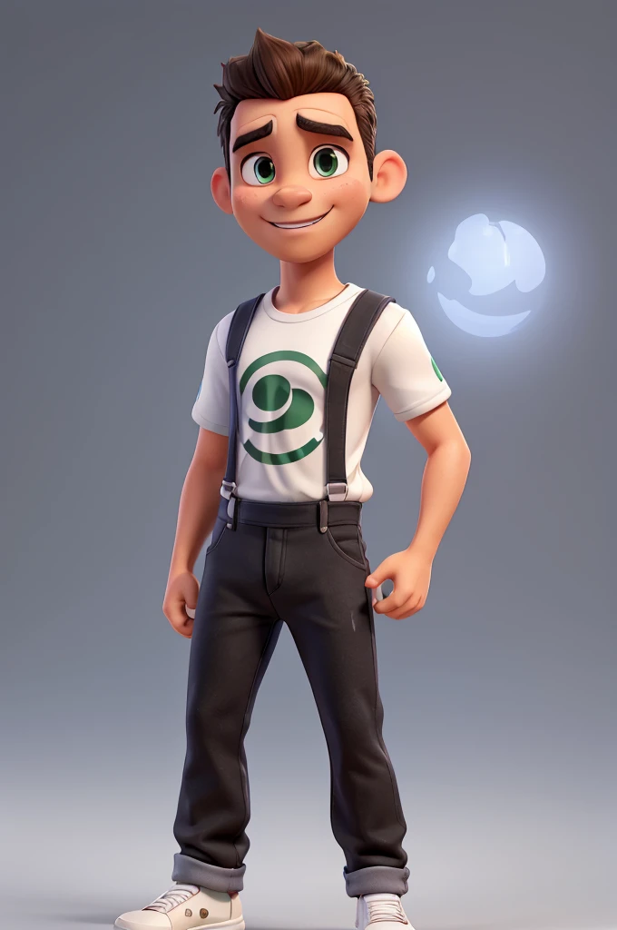 A 3D rendered illustration of a 33-year-old man with light skin, minimal hair, and receding sides, wearing a black Palmeiras football team t-shirt, black jeans, and white sneakers. The man is giving a thumbs-up gesture with his thumb, showcasing a Disney-style expression. The overall image is high-quality with a vivid and detailed 20k rendering, capturing the essence of a contemporary Disney character., illustration, photo, 3d render