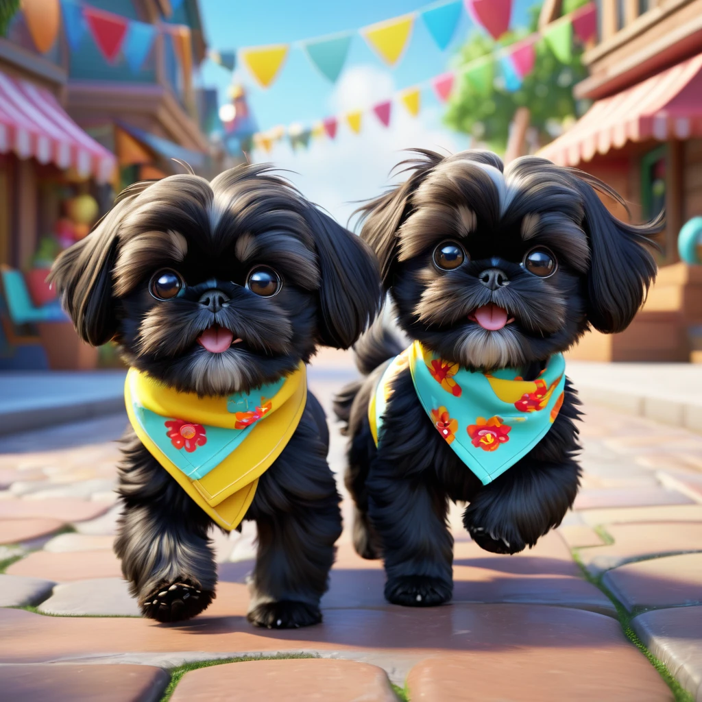 2 adorable small black shih tzu puppies, wearing bright bandanas and sunglasses, running zoomies, disney background, 3d cartoon, 3d render, disney pixar style, cute, whimsical, colorful, vibrant, playful, dynamic, detailed fur textures, adorable facial expressions, high quality, photorealistic, 8k, highly detailed