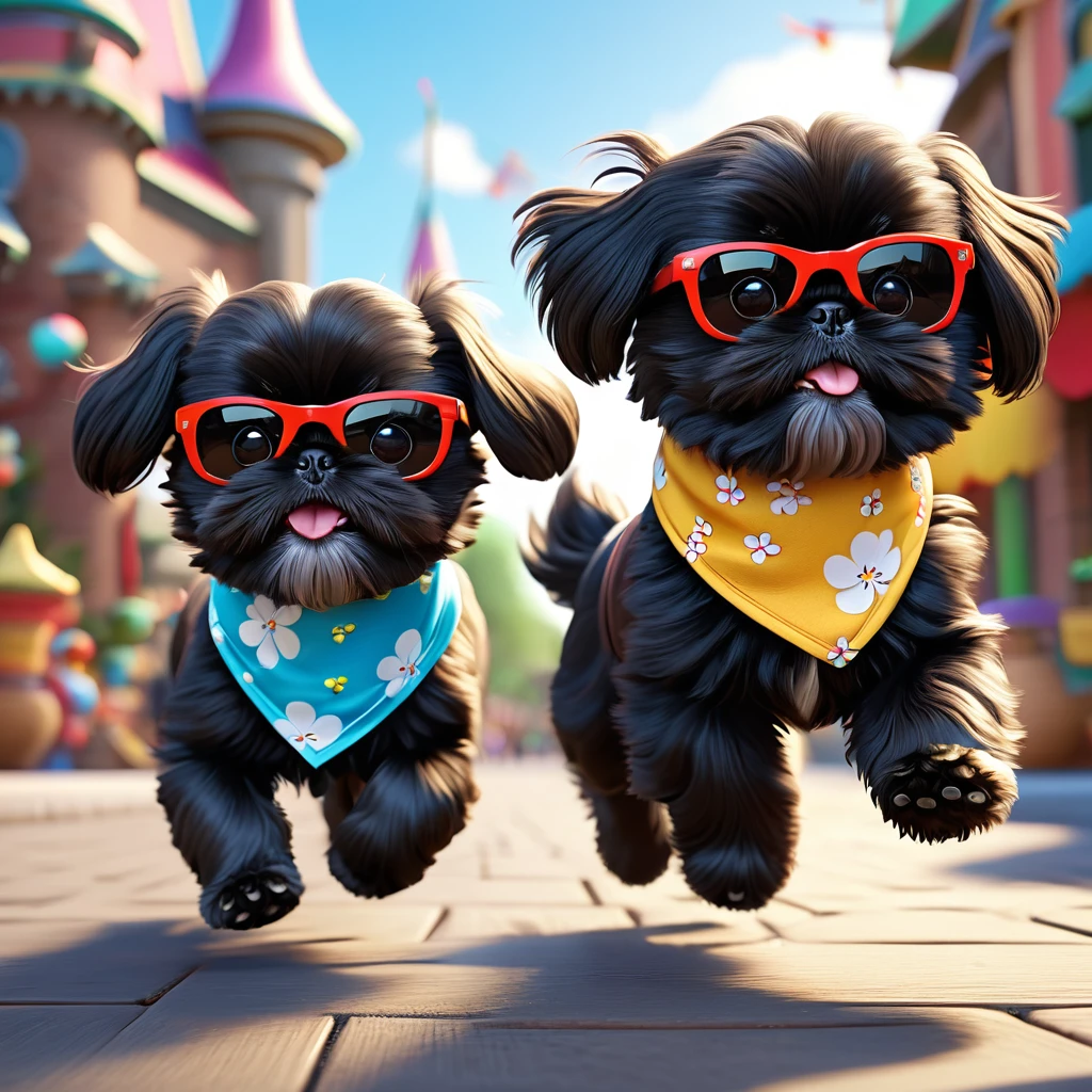 2 adorable small black shih tzu puppies, wearing bright bandanas and sunglasses, running zoomies, disney background, 3d cartoon, 3d render, disney pixar style, cute, whimsical, colorful, vibrant, playful, dynamic, detailed fur textures, adorable facial expressions, high quality, photorealistic, 8k, highly detailed