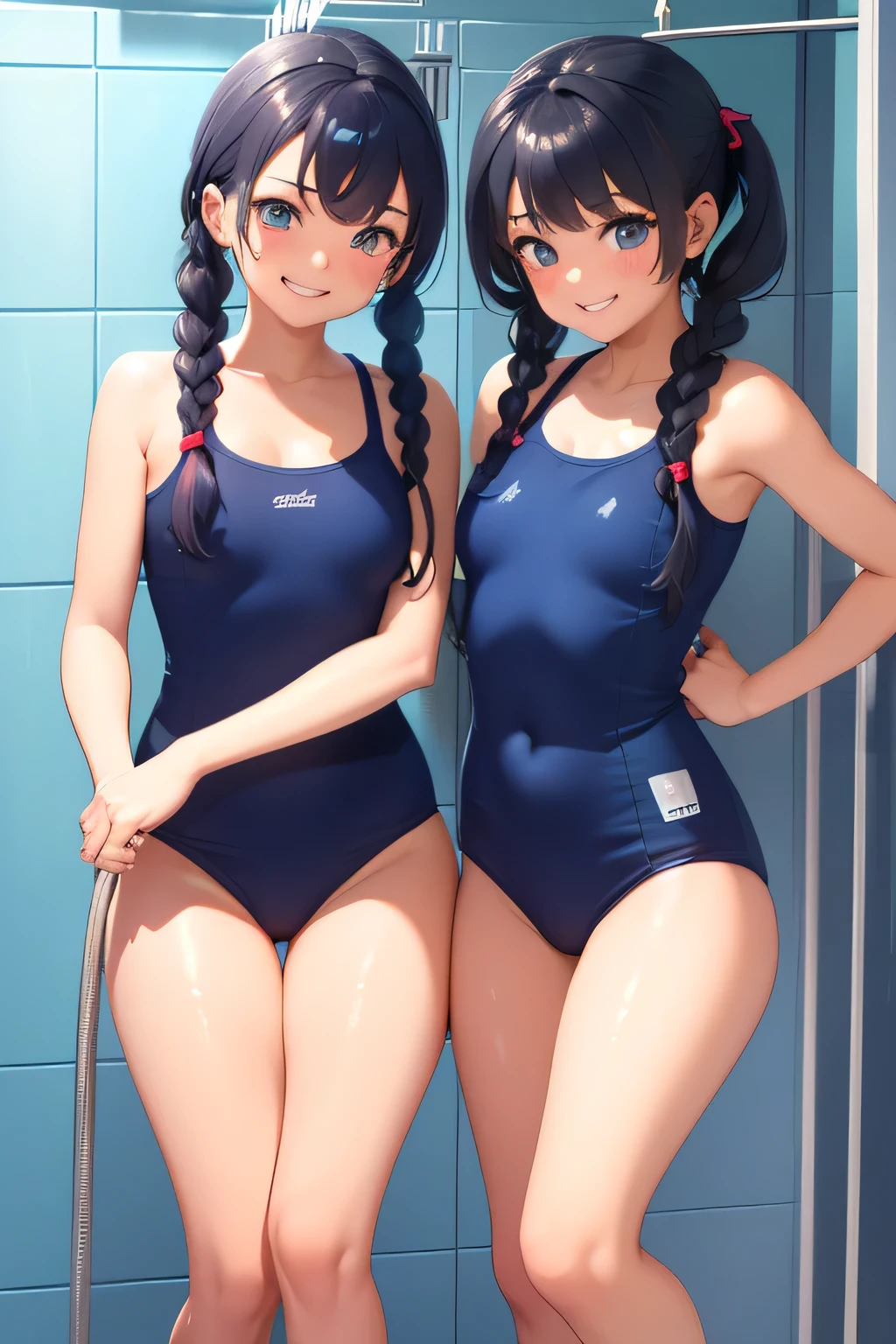 Highest quality、High resolution、Detailed Background、(Beautiful face in every detail:1.4)、Anatomically correct、(Detailed facial expressions)、(Detailed eyes:1.2)、 beauty、cute hair color、Braided Ponytail、Braided bob cut、Braided twin tails、Navy school swimsuit、Perfect body line、School swimming pool、

(Two girls in school swimsuits cooling off in the shower:1.5)、

A big smile、Laughing with your mouth open、My whole body is wet、My hair is wet too、A fun atmosphere、Cute gestures、Drink plenty of fluids、Cool the body with cold water、cute