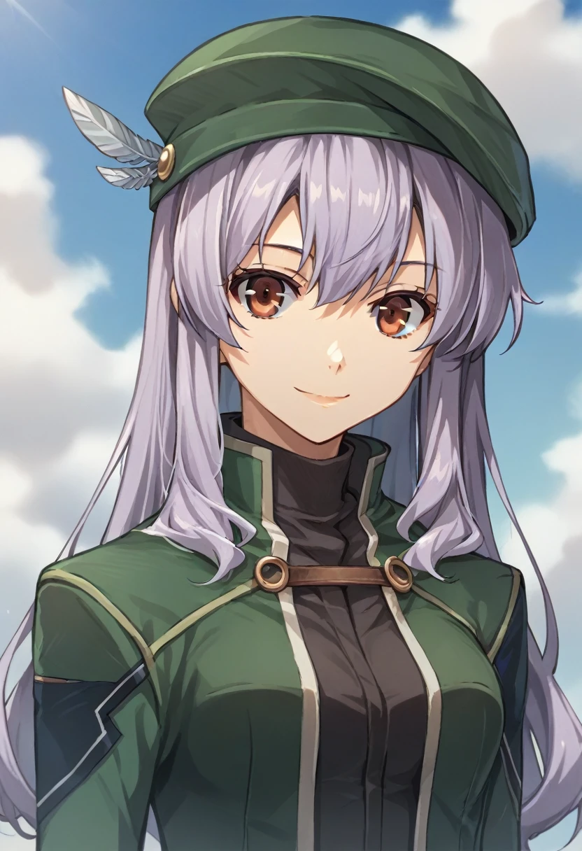 check_9, check_8_up, check_7_up, check_6_up, check_5_up, check_4_up, BREAK,
source_Anime, rating_safe Aeolia, lavender hair, long hair, Red eyes, Medium breasts, Green Beret, It has, A green dress, green coat, black tights, White shirt, brown shorts, fleece-lined boots, Brown boots,
Looking at the viewer, smile, upper body, portrait,
1 girl, on open air, sky, clouds, distant mountains,(((whole body))) 