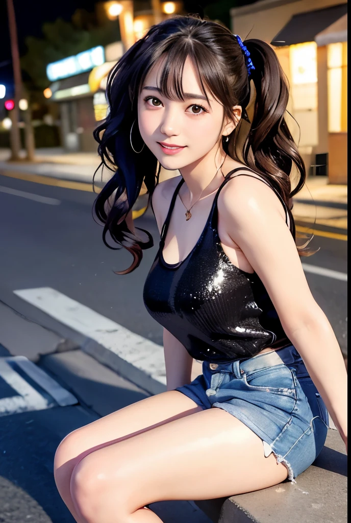 (Highest quality,masterpiece:1.3,Ultra-high resolution),(Very detailedな、Caustics) (Photorealistic:1.4, RAW shooting、)Ultra-Realistic Capture、Very detailed、Natural skin texture、masterpiece、(Sequin tank top and short denim pants:1.3)、1 Japanese girl、Adorable expression、Expressions of Happiness、14 years old、Young Face、Surprisingly cute、Twin tails、Curly Hair、Black Hair、Scrunchie、Earrings、necklace、light makeup、A big bust that seems to burst、This photo was taken on a busy street at night..、Shining thighs、Sit on a bench on the sidewalk、Shooting from the side、smile、An inviting gaze、