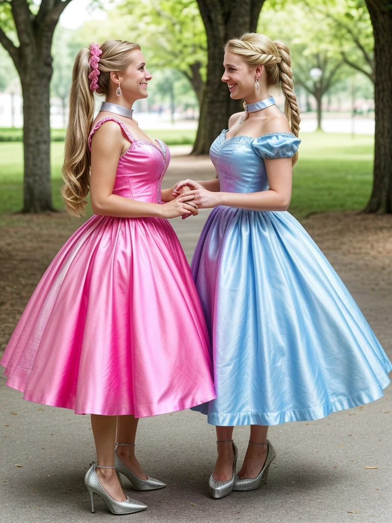 Make two woman wearing a hot pink cinderella princess dress,both woman wearing a hot pink cinderella princess dress,The womans are brunette and blonde with long hairs with braided ponytails , silver earrings, silver collar, tem 25 anos, usa uma coroa, stamding at a tree,big breast, hoop skirt, smiling, high heels, 4k, detailded photo, full body,