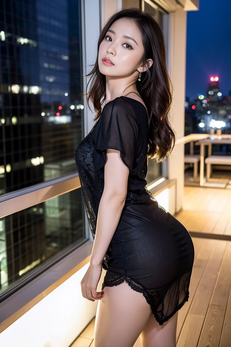Dark brown hair、Light brown eyes、Japanese actress、 Lady、I am about 40 years old.....、(Intricate details:1.2)、(Which is the top?????:1.4)、 (Ultra-high resolution:1.2)、Ultra-high resolution、(Finely tuned)、(Detailed facial features)、Hmph、8K resolution、D cup size breasts、Long Hair、Rooftop Bar、Night view、Extravagant space、relax、、,Full body photo、Head to toe shot、Beautiful feet、Camisole dress、Beautiful feet、she,   Fashion Hub, Attention to detail, Very detailed, Realistic, Hourglass Shaped Body, Obscene pose,、、私 cry a lot、tears、diagonally from below、please lift your chin、Put your butt against the wall、relaxした表情、Pose of Weakness、(auraroid photo:1.2)、From outside the window、A masterpiece of transparent painting、8K、32k、Highest quality、(Details of both eyes)、1 Girl、elegant、(Loose black dress :1.4)、Night view。(Low - Angle、Look up and look at me:1.2)、Hilarious、Looking into the camera、