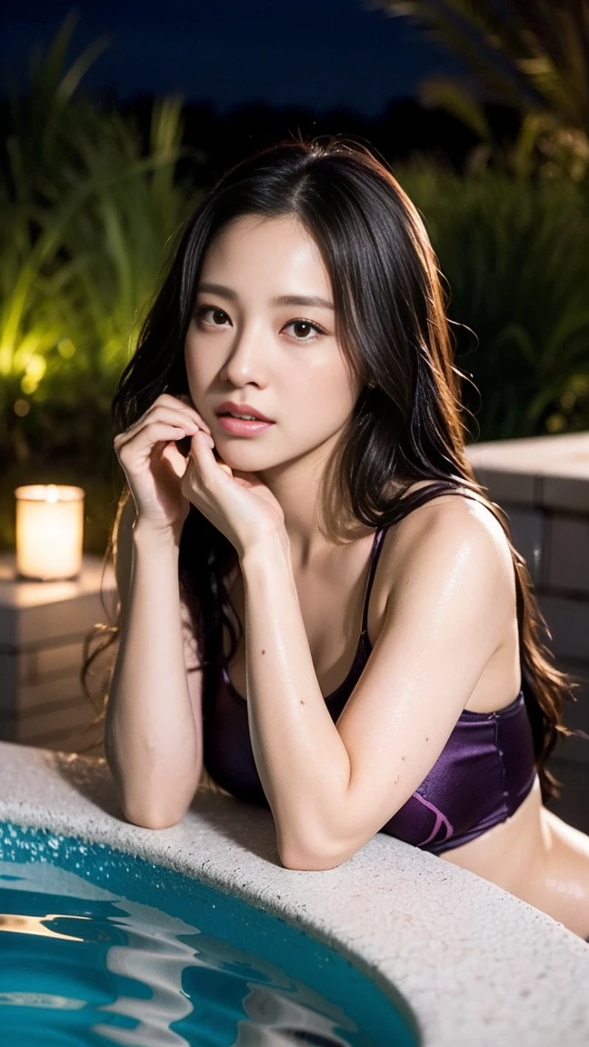 Dark brown hair、Light brown eyes、Japanese actress、 Lady、1 female、I am about 40 years old.....、(Intricate details:1.2)、(Which is the top???????:1.4)、 (Ultra-high resolution:1.2)、Ultra-high resolution、(Finely tuned)、(Detailed facial features)、Hmph、8K resolution、D cup size breasts、Long Hair、Jacuzzi on the terrace、Enter the jacuzzi、Wet Skin、Soaking wet hair、Wet shoulders、Wet bust、moonlight、リゾート感たっぷりのNight view写真、Head to toe shot、Blackpink Jenny、Beautiful feet、she, Fashion Hub, Very detailed, Very detailed, Realistic, Hourglass Shaped Body, Obscene pose、Please lift your chin a little、Open your mouth a little、Relax Pose、Are crying、Deep sorrow、、Get out of the water、The moment I step out of the jacuzzi I see you、Round Jacuzzi、Get out of the water体、Night view、