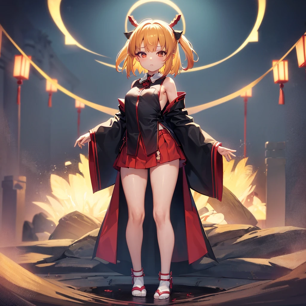 ((Shrine maiden)),(mini skirt),,(Revealing clothing),(In a naughty way),Cute little ,Tiny ,Small girl,,Childish face, Very fine clean face,Top quality,Straight Hair,Yellow hair,(Dark Room), Subtle light, Natural light,Soft lighting,Light from directly behind,(Open your hands), (Are standing),Front view,Black background