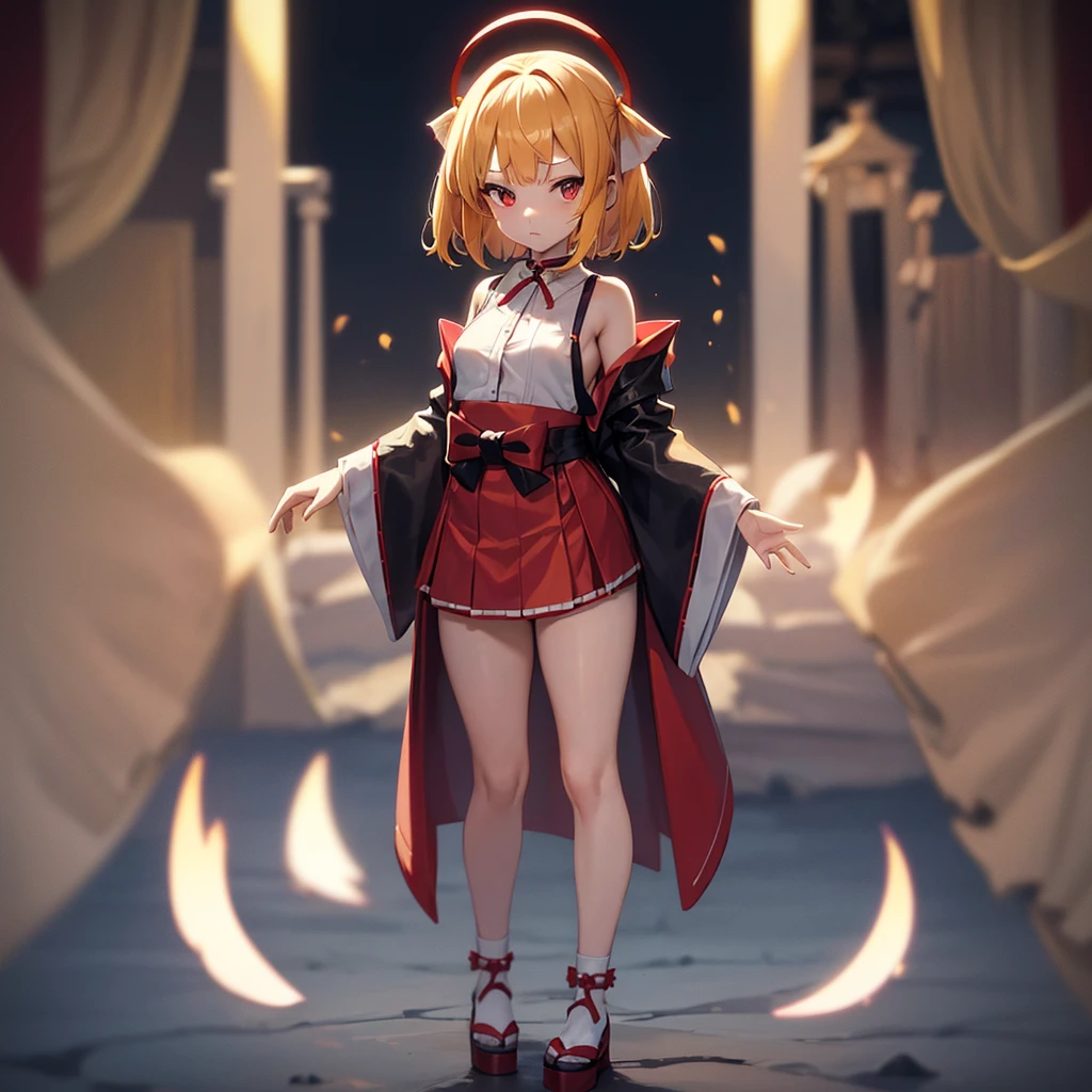 ((Shrine maiden)),(mini skirt),,(Revealing clothing),(In a naughty way),Cute ,Tiny ,Small ,Childish face, Very fine clean face,Top quality,Straight Hair,Yellow hair,(Dark Room), Subtle light, Natural light,Soft lighting,Light from directly behind,(Open your hands), (Are standing),Front view,Black background