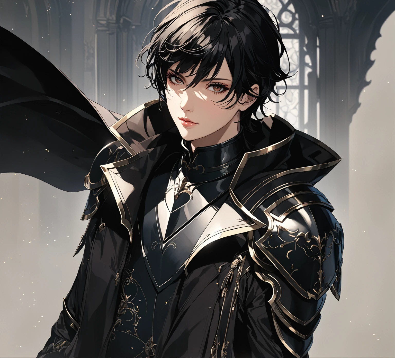 masterpiece, best quality, 1woman. adult, female focus, solo, black hair, vibrant dark brown eyes, long hair, looking at viewer, closed mouth, bangs, Fantasy aesthetics, Highly detailed, shadowverse style