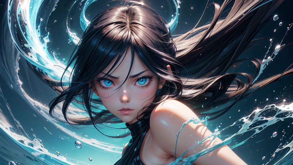 Create an anime-style image featuring a close-up of a Rukia Kuchiki from anime bleach, black hairstyle, beautiful, high quality,extremely detailed,masterpiece face with a fantastical background. Focus on a glowing blue eye with detailed and vibrant colors. The hair should be white and dynamically moving, as if influenced by wind or water. Use lighting and light refractions to add attractive and realistic visual effects. Highlight the details in the eye and hair to give a sense of motion and depth, while maintaining a blend of fantastical and realistic elements