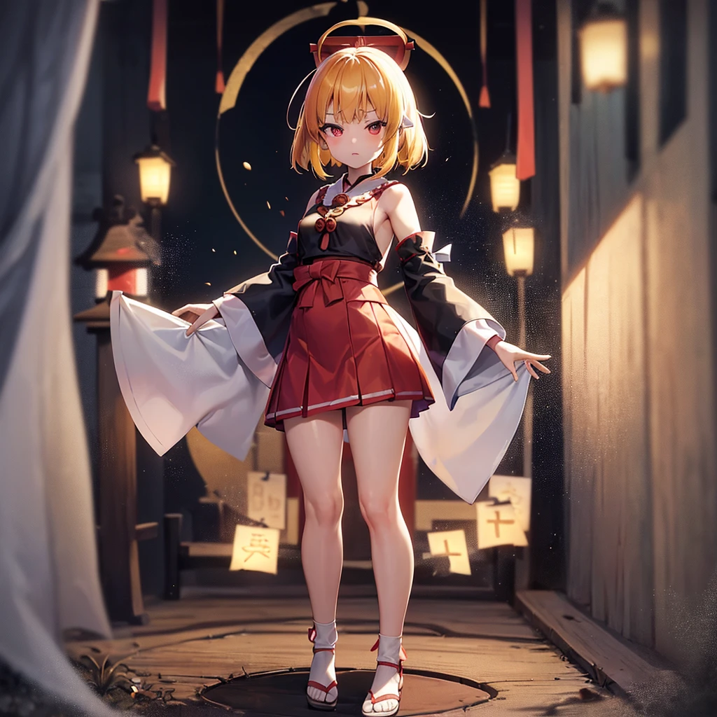 ((Shrine maiden)),(mini skirt),,(Revealing clothing),(In a naughty way),Cute little ,Tiny ,Small girl,,Childish face, Very fine clean face,Top quality,Straight Hair,Yellow hair,(Dark Room), Subtle light, Natural light,Soft lighting,Light from directly behind,(Open your hands), (Are standing),Front view,Black background