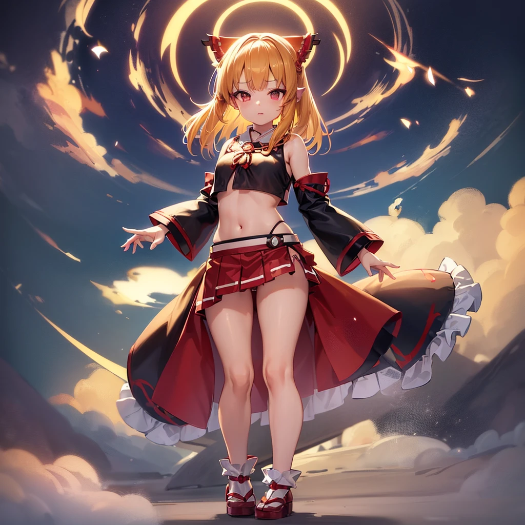 ((Shrine maiden)),(mini skirt),,(Revealing clothing),(In a naughty way),Cute little ,Tiny ,Small girl,,Childish face, Very fine clean face,Top quality,Straight Hair,Yellow hair,(Dark Room), Subtle light, Natural light,Soft lighting,Light from directly behind,(Open your hands), (Are standing),Front view,Black background