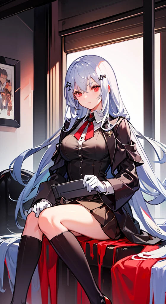 Young girl with grey hair, ((fringed and curly hair)),((curly short twintail)), curly hair ,(red eyes),, ((small bushy eyebrows)), wearing gothic lolita clothing, lolicon , walking to school, bored look, bored face, , lifting her skirt to show her vagina wet with ?????, having ???